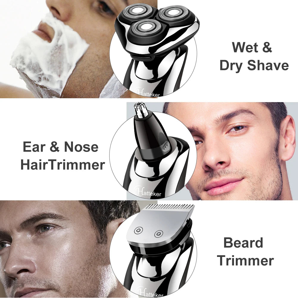 Hatteker Men's Electric Shaver Multifunction 3-in-1 Nasal Hair Trimmer Washable Beard Razor  USB Chargeable New Model RSCW-9598A