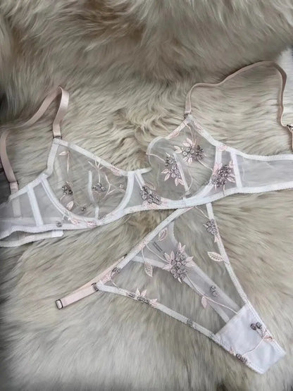 Sexy Soft Mesh Bra Set, Embroidered Ultra Thin T Back,Comfortable Transparent Lingerie for Women, Slimming Breathable Inner Wear