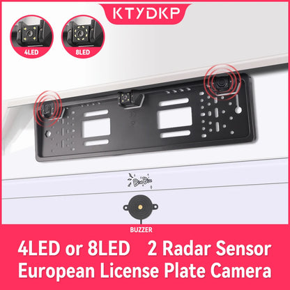 3 in 1 Car Backup Camera and Parking Sensor Kit with EU License Plate Holder, 12V Universal Rear View System with Audio Alerts
