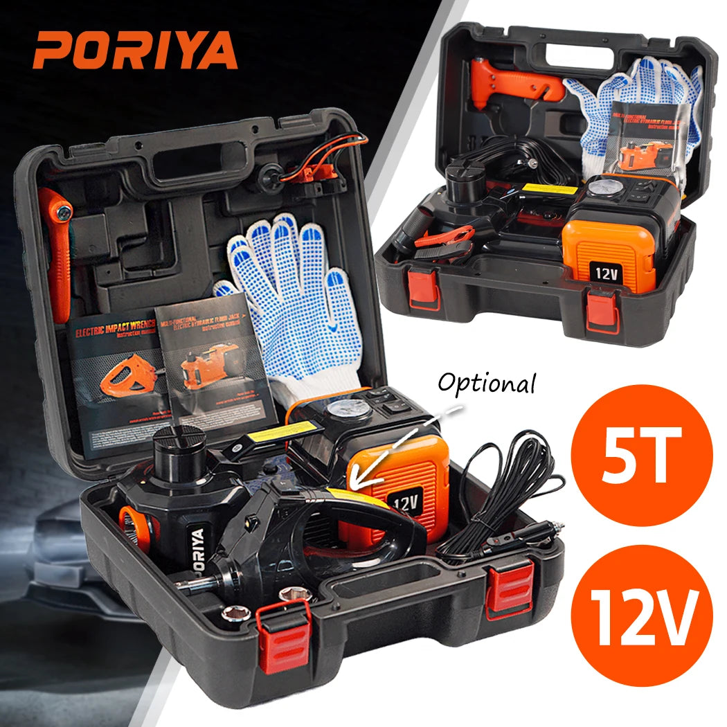 PORIYA  Electric Hydraulic Floor Jack 5Ton car 12V w/Impact Wrench Inflator Pump