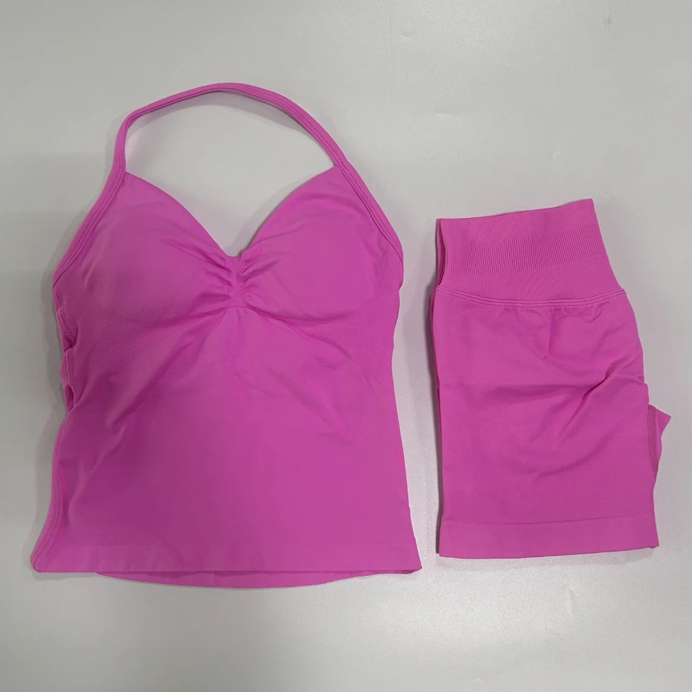 2 Pieces Sports Set Women Backless Tank Yoga Tops High Waist Scrunch Seamless Shorts Sport Gym Set Sportswear Workout Set