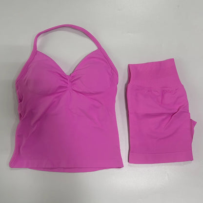 2 Pieces Sports Set Women Backless Tank Yoga Tops High Waist Scrunch Seamless Shorts Sport Gym Set Sportswear Workout Set