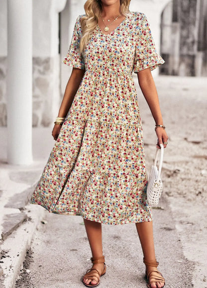 Msfilia Fashion V Neck Elegant Printed Dress Women Summer Short Sleeve High Waist A Line Floral Holiday Dresses