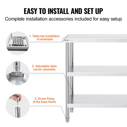 SucceBuy Stainless Steel Food Prep Table Commercial Kitchen Worktable w/Adjustable Undershelf Heavy Duty Prep Table Metal Table