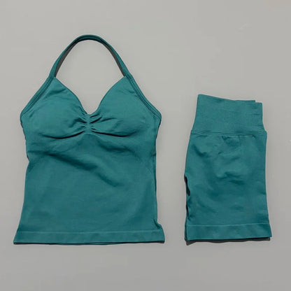 HISTELLO 2 Pieces Sports Set Women Yoga Longline Strap Top Scrunch Seamless Shorts Sport Gym Set Sportswear Workout Fitness Set
