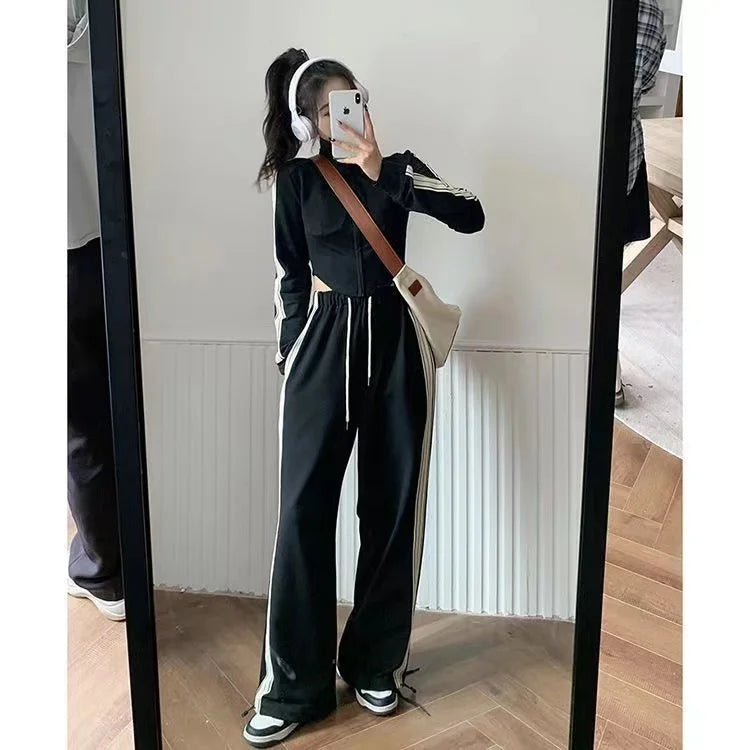 Fashionable Sportswear Set Women's Stand Collar Sweatshirt Slimming Two-Piece Suit Korean Style Commute High Waist Long Pants