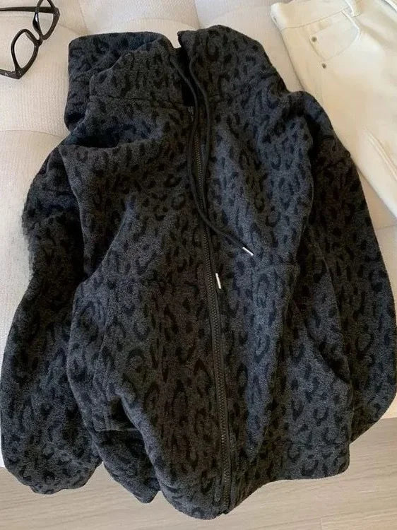 plus Size Women's Hooded Fleece Lined Thickened Cardigan Coat Leopard Print Warm Sweatshirt Loose Fit Autumn Winter Outerwear