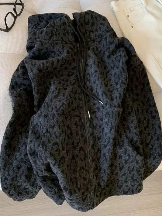 plus Size Women's Hooded Fleece Lined Thickened Cardigan Coat Leopard Print Warm Sweatshirt Loose Fit Autumn Winter Outerwear