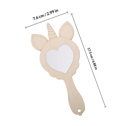 1Set Unpainted Wooden Unicorn Mirror Kit Kids Handheld Craft Set Natural Wood DIY Painting Activity Snowflake Mud Pearl Clay
