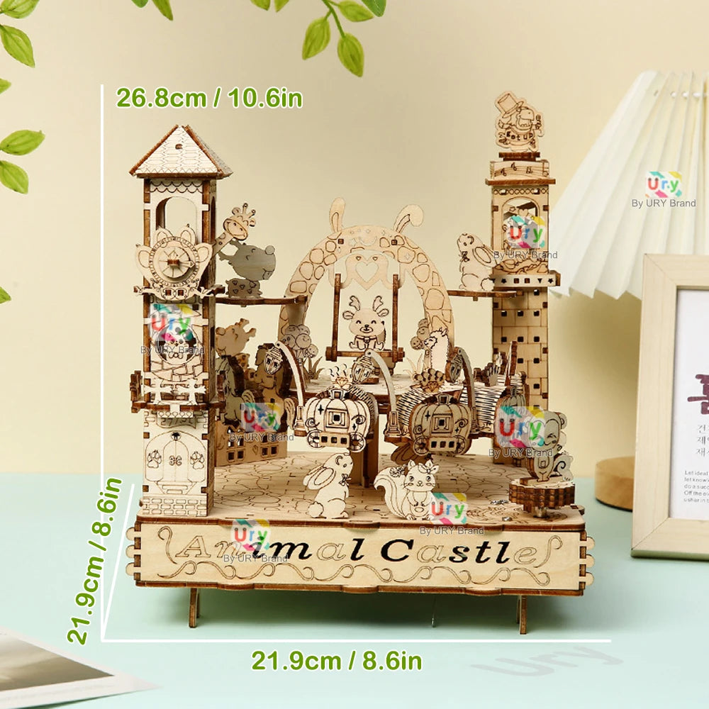 Rotatable DIY 3D Wooden Puzzles Electric Zoo Animals Amusement Park Turntable Model Mechanical Kits Decor Toys Gifts