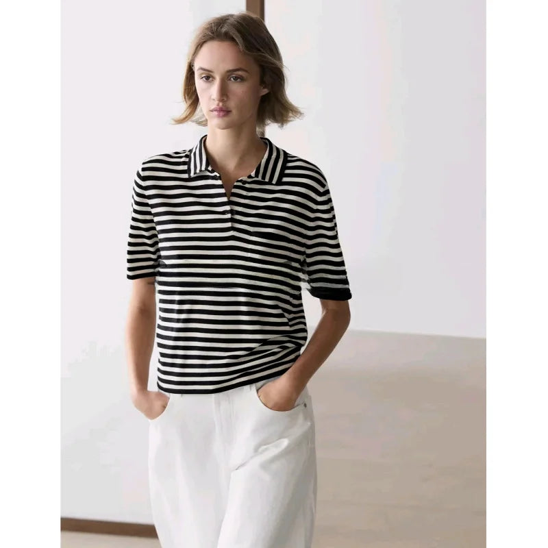 Summer New Women's Knitted Short Sleeve  Shirt Classic Stripes Preppy Style Casual Loose Fit Polyester Fiber 100%