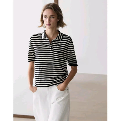 Summer New Women's Knitted Short Sleeve  Shirt Classic Stripes Preppy Style Casual Loose Fit Polyester Fiber 100%