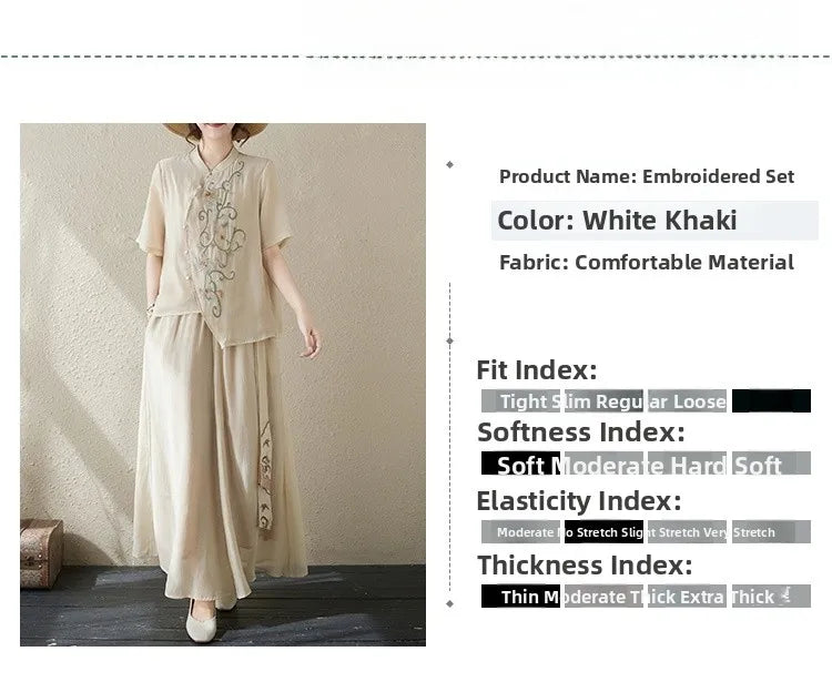 New National Style Heavy Embroidery  Set Women Summer Loose plus Size Fringed Wide Leg Pants Skirt Slimming Two Piece Set