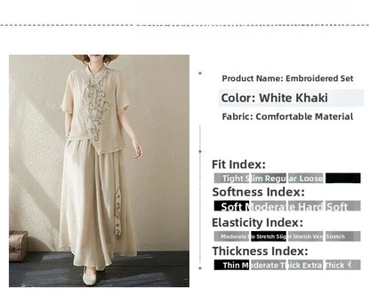 New National Style Heavy Embroidery  Set Women Summer Loose plus Size Fringed Wide Leg Pants Skirt Slimming Two Piece Set
