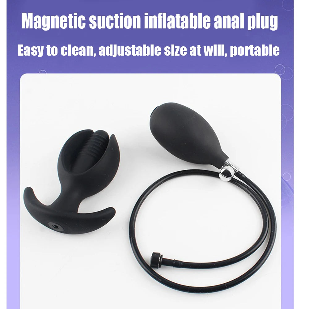 Silicone Magnetic Inflatable Butt Plug with Pump - Black Expandable Anal Stretcher, Prostate Massager Sex Toy for Men Women