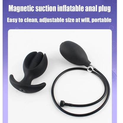 Silicone Magnetic Inflatable Butt Plug with Pump - Black Expandable Anal Stretcher, Prostate Massager Sex Toy for Men Women
