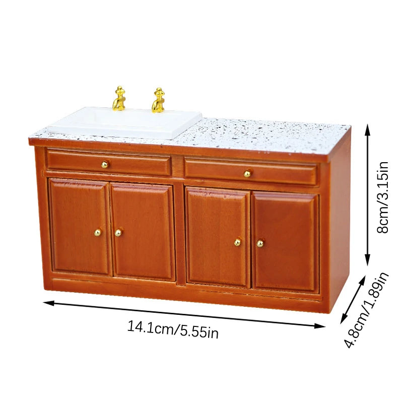 Dollhouse Miniature Retro Wood Cabinet Cupboard Sink Cabinet Locker with Drawer for Dollhouse Kitchen Living Room Furniture Toys
