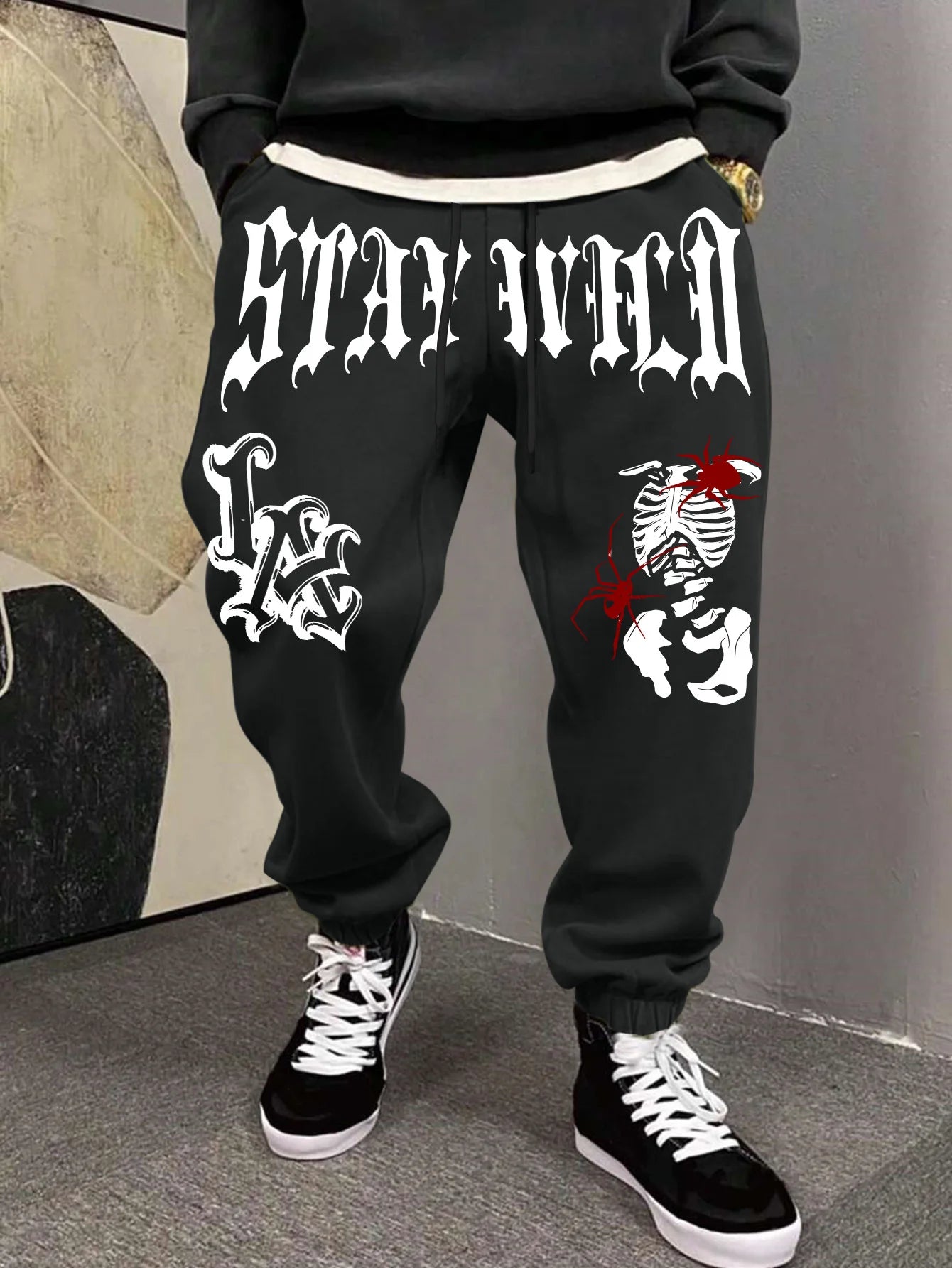 Men's Retro Dark Grunge Gothic Letter Skeleton Graphic Joggers Elastic Cuff Sweatpants Popular Vintage Streetwear Casual Pants