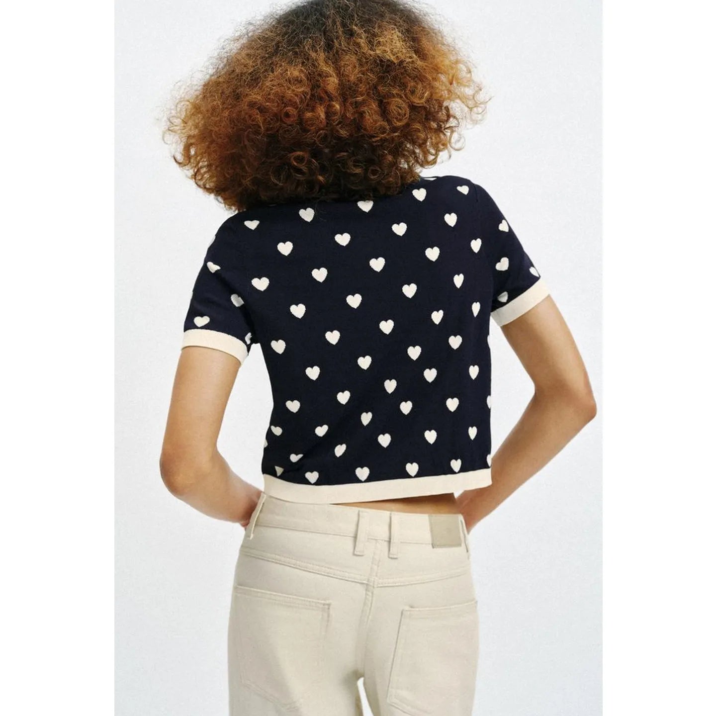 New Summer Women's Street Style  Shirt Turn-down Collar Short Sleeve Color Block Heart Pattern Embroidery Casual Top