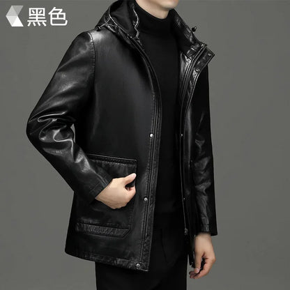QYLVAWOY Leather Down Jacket Hooded Mid-length 90% White Duck Down Coat Detachable Liner Fashion PU Leather Jackets Man Clothing