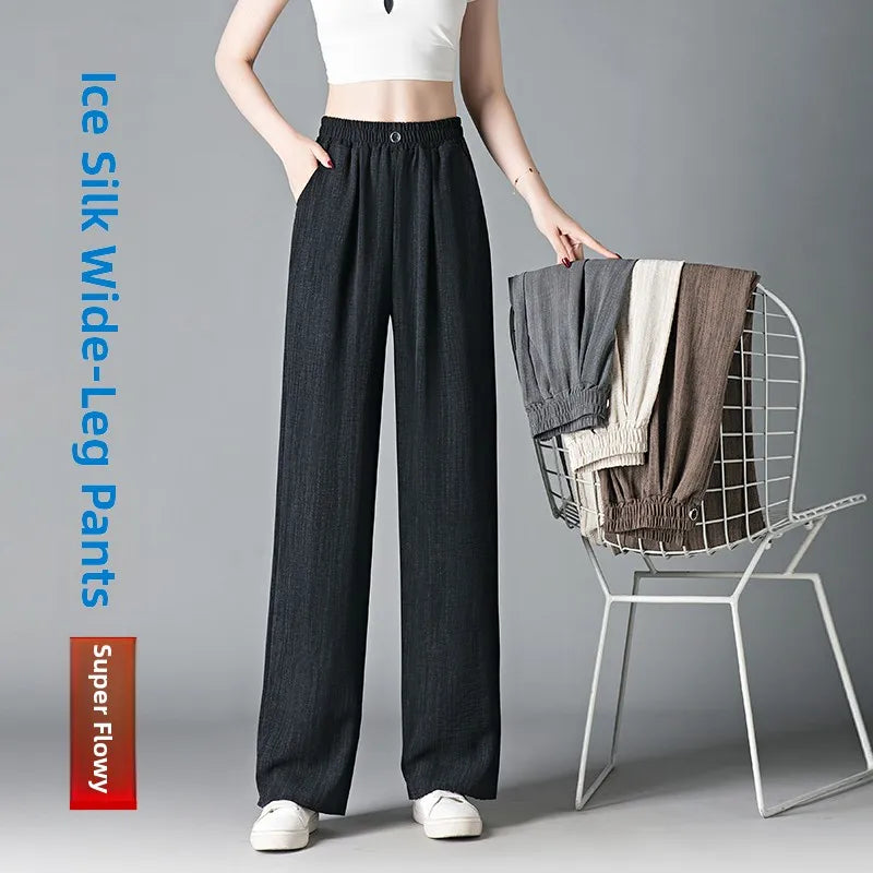 Ice Silk Slim Wide Leg Pants Women's Summer Drapey High Waist Straight Casual Lazy Floor Length Pants Cool Pants