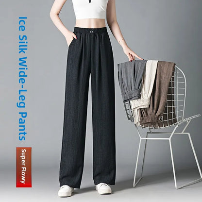 Ice Silk Slim Wide Leg Pants Women's Summer Drapey High Waist Straight Casual Lazy Floor Length Pants Cool Pants