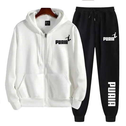 2025 new men's sportswear trend printed hooded sweatshirt pants 2piece set casual zipper jacket set daily clothing autumn winter
