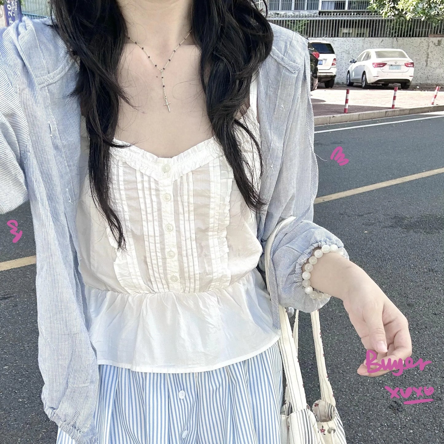 Brandy Melville Pure Cotton Three-Button Base Layer Vest Sweet Style V-Neck Sleeveless Tank Top for Women Spring Summer