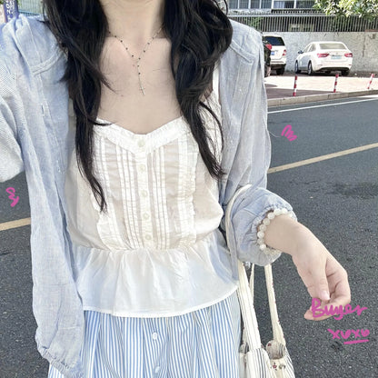 Brandy Melville Pure Cotton Three-Button Base Layer Vest Sweet Style V-Neck Sleeveless Tank Top for Women Spring Summer