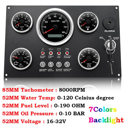 Boat Dashboard 5 Gauge Set Switch Panel 85mm Tachometer 3000rpm-8000rpm+52mm Voltmeter Oil Press Fuel Level Meter Customized