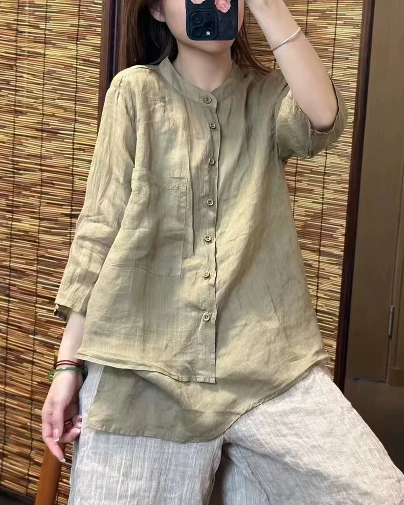 Summer Thin Retro Artistic Flax Stand Collar Seven Sleeve Loose Slimming Asymmetrical Top Women's Shirt Comfortable Breathable