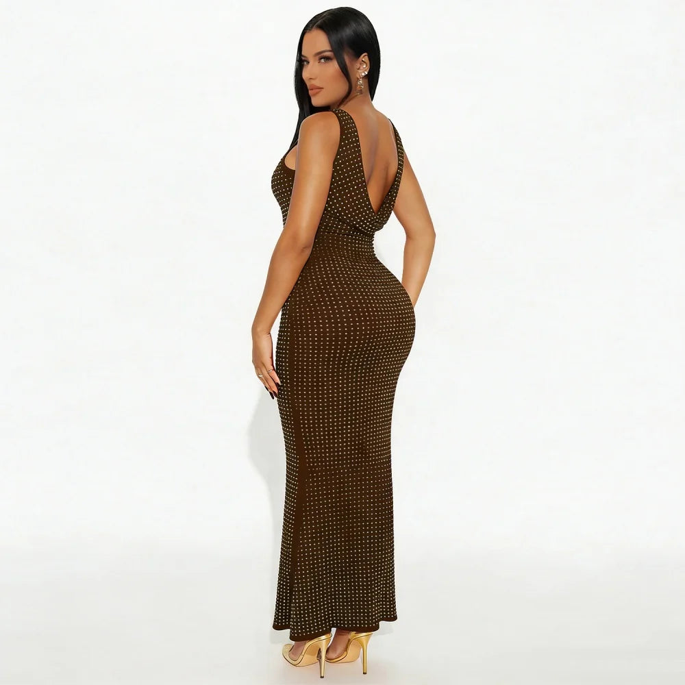 RLMABABY Sexy Swinging Collar Diamond Women Club Bodycon Dress Sleeveless Backless Evening Party Long Prom Dress