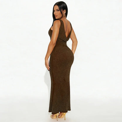 RLMABABY Sexy Swinging Collar Diamond Women Club Bodycon Dress Sleeveless Backless Evening Party Long Prom Dress