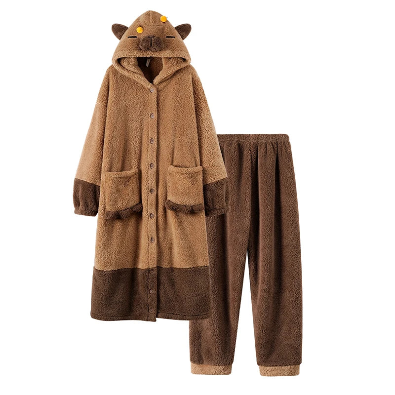 Thiened Coral Fce Pajamas Women's Winter Home Clothes Long Sve Bodysuit Sp Robe for Men And Women Couples