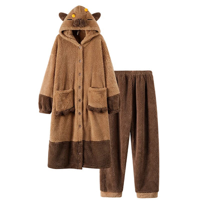Thiened Coral Fce Pajamas Women's Winter Home Clothes Long Sve Bodysuit Sp Robe for Men And Women Couples