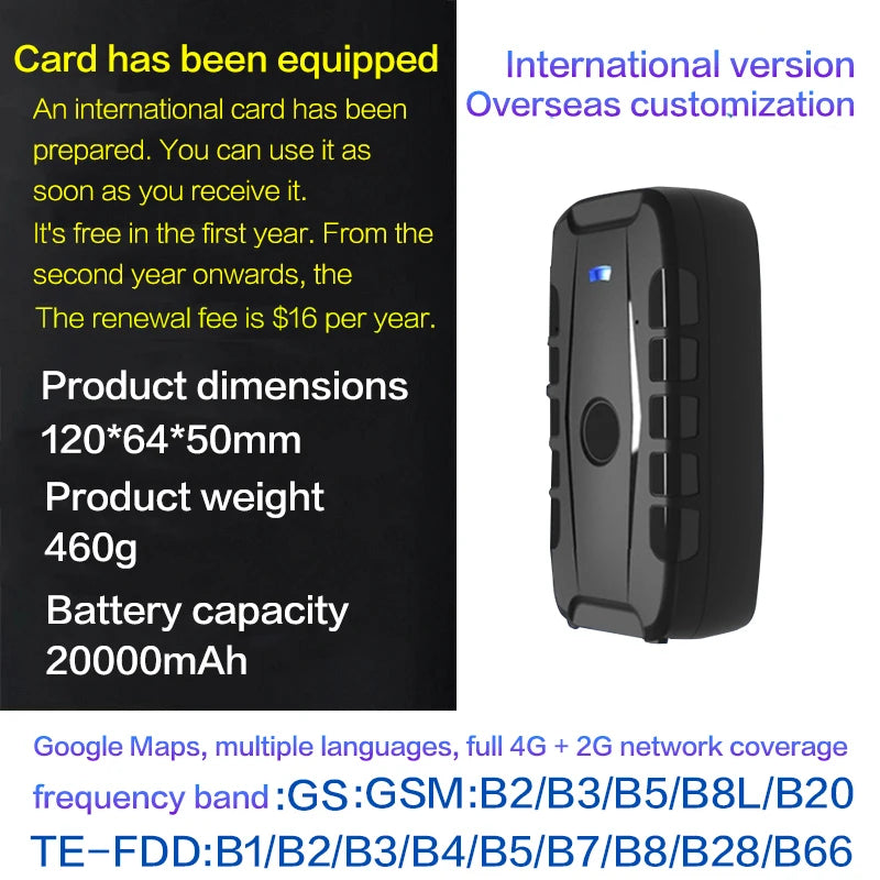 4g Wireless Vehicle Gps Tracking Device, No Installation Required, 20000Mah Battery, 100 Days of Operation, Free App