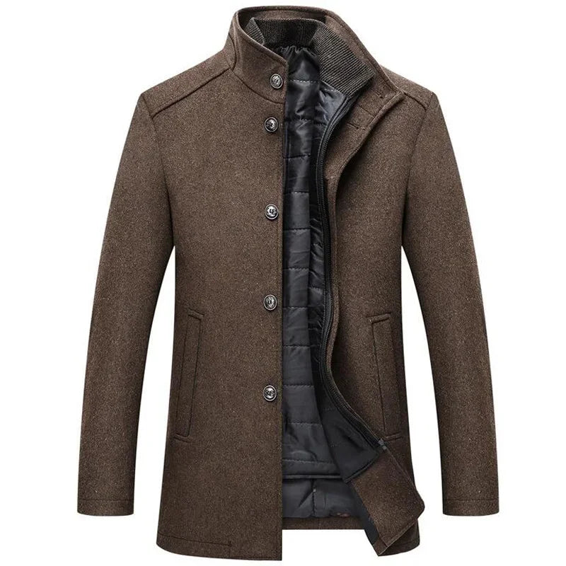 2026 Men Winter Windbreaker Long Thick Wool Jackets Abrigo Hombre Man Stand Collar Single Breasted with Vest Woolen Coats