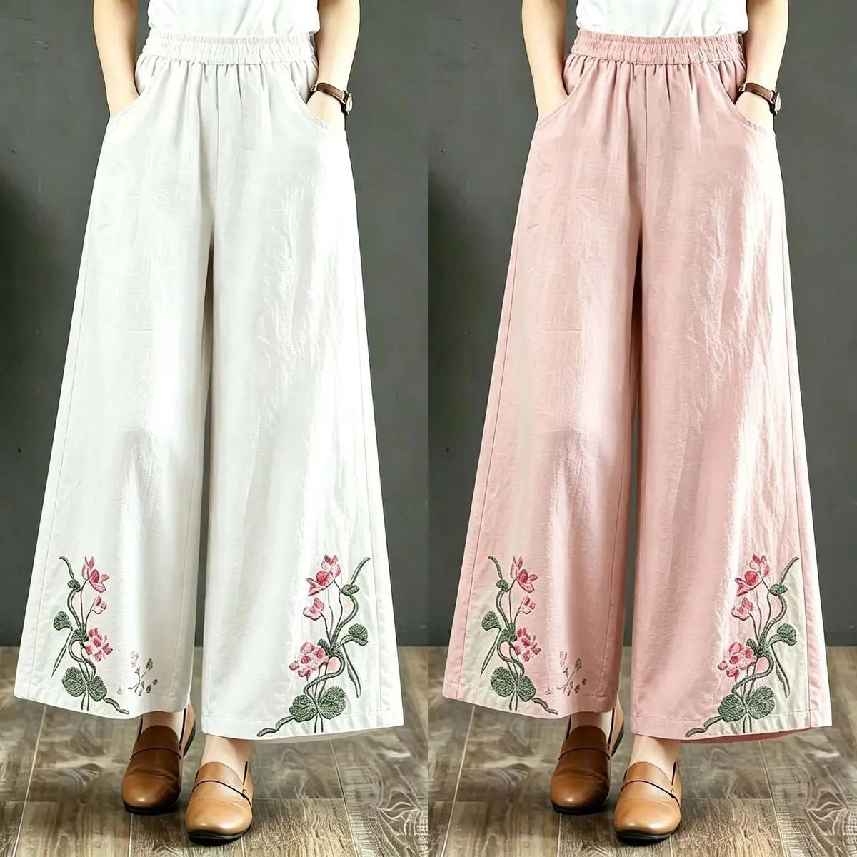 High-End Retro Embroidered Cotton Linen Wide Leg Pants Women Summer Lightweight Breathable High Waist Slimming Casual Travel