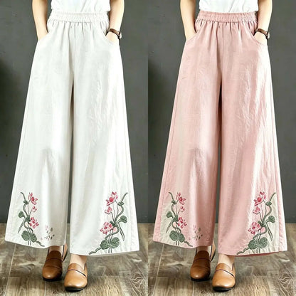 High-End Retro Embroidered Cotton Linen Wide Leg Pants Women Summer Lightweight Breathable High Waist Slimming Casual Travel