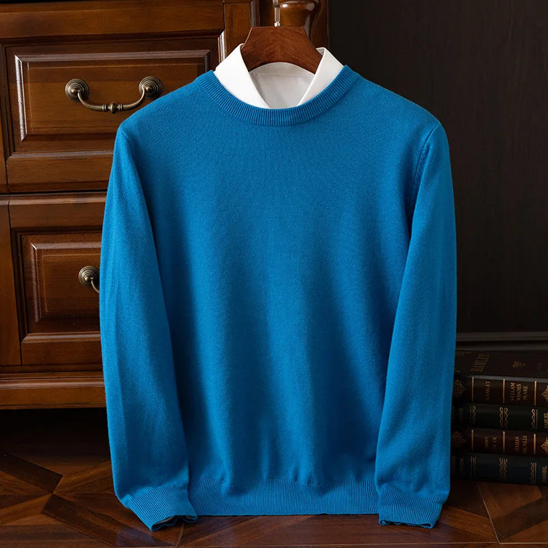 Autumn Winter Men's O-Neck Merino Wool Sweater New Versatile Basic Cashmere Pullover Casual Business Knitwear Sweater