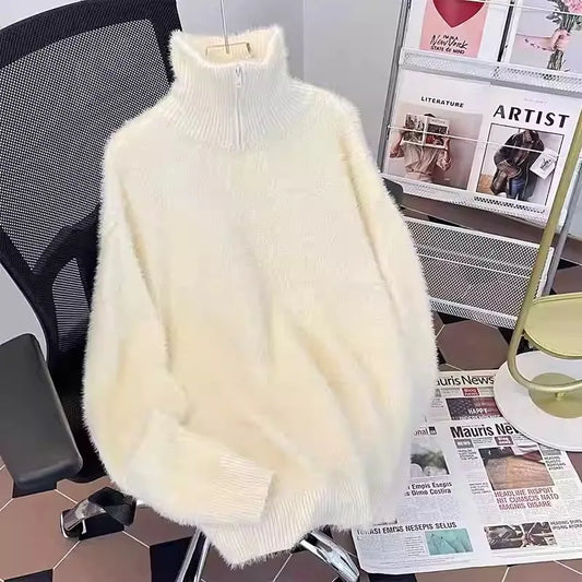 Half zip high neck sweater, men's faux mink fur versatile, solid color, half zip knit sweater, worn with plush sweater on top