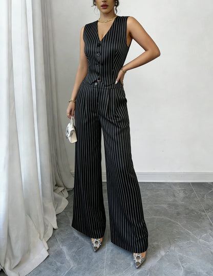Women's Pinstripe Elegant Trouser Set Sleeveless V Neck Button Vest High Waist Wide Leg Pants Two Piece Set Spring Summer Outfit