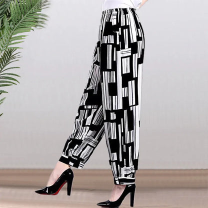 High Waist Lantern Pants Casual Cotton Silk Large Size Printed Long Trousers for Middle-Aged And Elderly Women