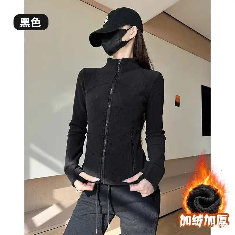 Women's Slim Fit Fleece Lined Short Cardigan Sweater Stand Collar Thickened Waist Shaping Autumn Winter Fashion Outerwear