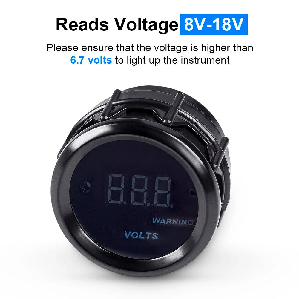 2" 52mm Car Voltmeter Gauge Kit 8-16V Blue Digital LED Volt Gauge Voltage Meter With Red Warning Light For Car Truck Vehicle