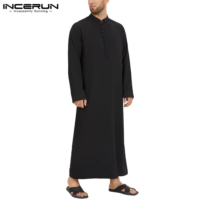 INCERUN Muslim Men Jubba Thobe Solid 2024 Long Sleeve Thin Robes Kaftan Stand Collar Islamic Arabic Fashion Men Caftan S-5XL