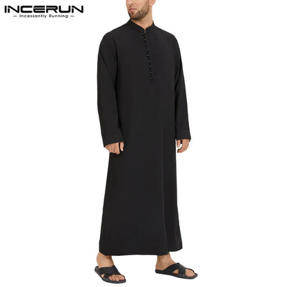 INCERUN Muslim Men Jubba Thobe Solid 2024 Long Sleeve Thin Robes Kaftan Stand Collar Islamic Arabic Fashion Men Caftan S-5XL