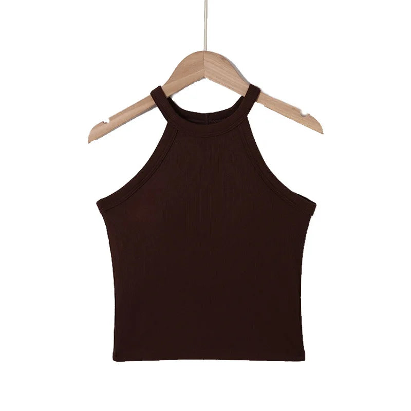 Fashion Threaded Halter Neck Camisole Top with Build-in Bra High Elastic Slim-fitting Sling Fixed Cup Breathable Women Underwear