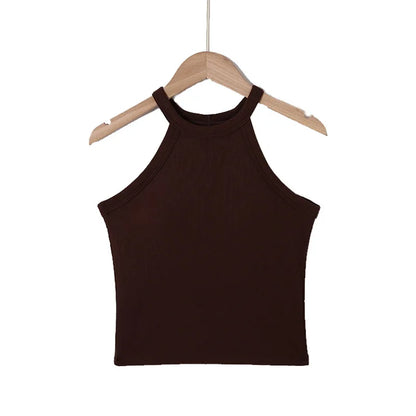 Fashion Threaded Halter Neck Camisole Top with Build-in Bra High Elastic Slim-fitting Sling Fixed Cup Breathable Women Underwear