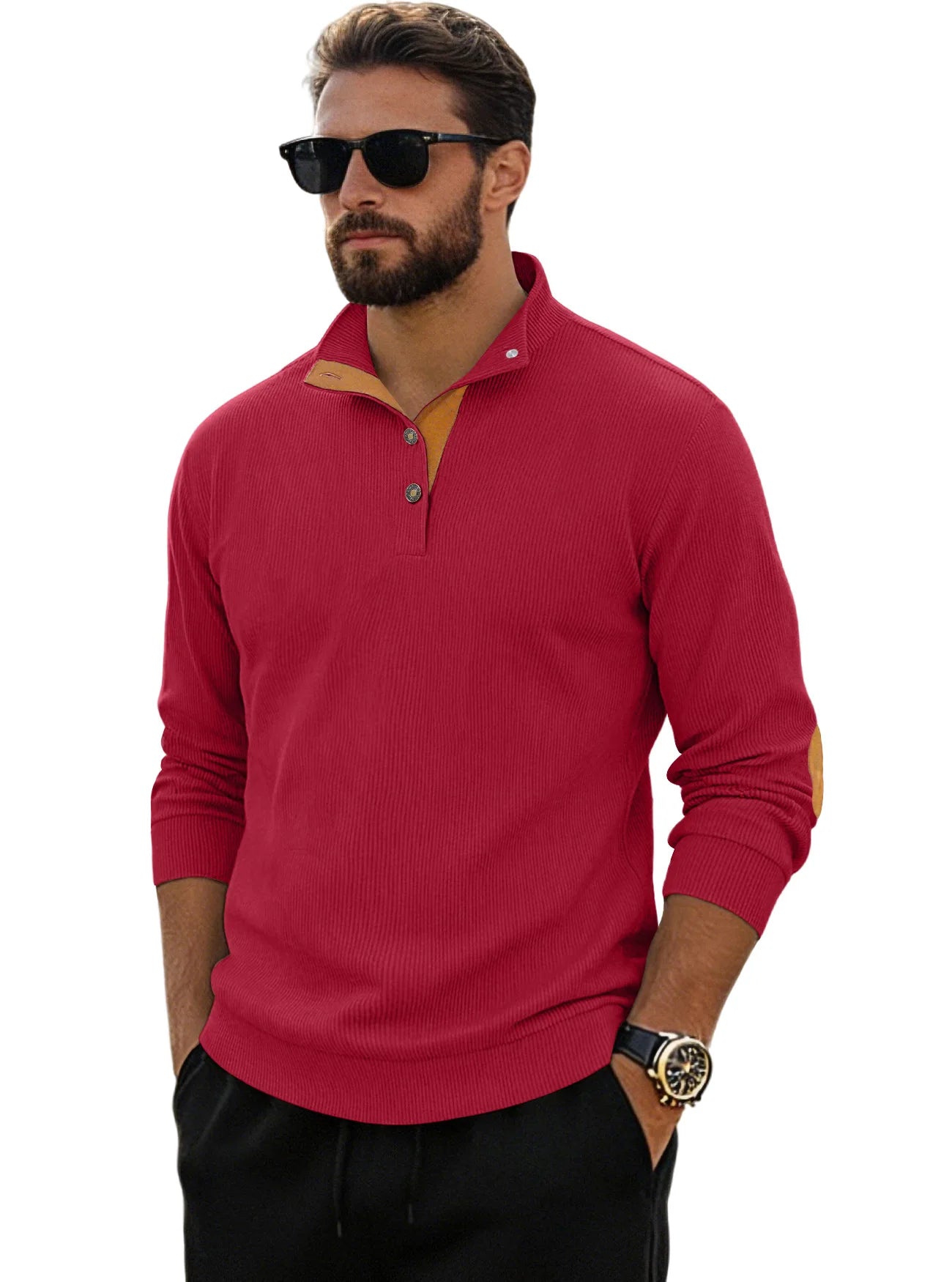 Men‘s Corduroy Button Up Pullover Stand Collar Contrast Elbow Patch Casual Top 2026